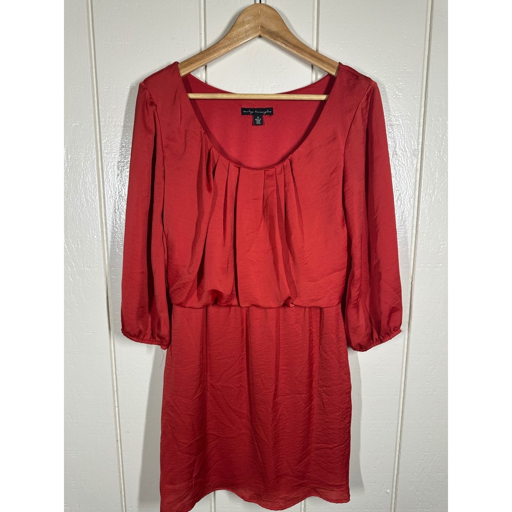 City Triangles Dress Womens M Red Blouson Pleated Neck 3/4 Sleeve Cocktail 7782